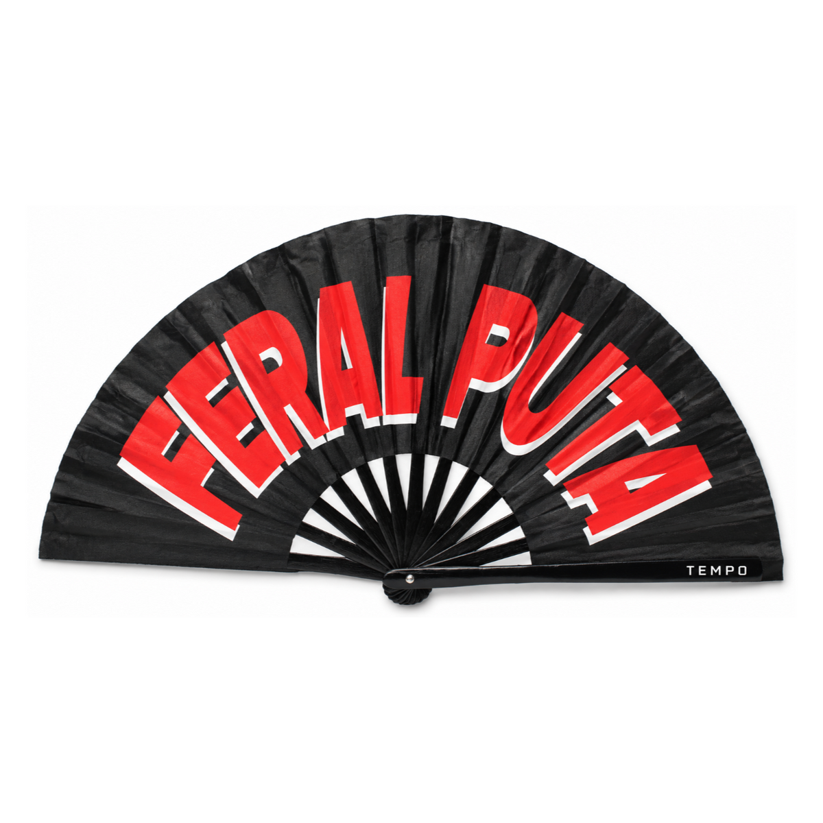 TEMPO FERAL PUTA hand fan, open, red lettering on black with TEMPO on the handle