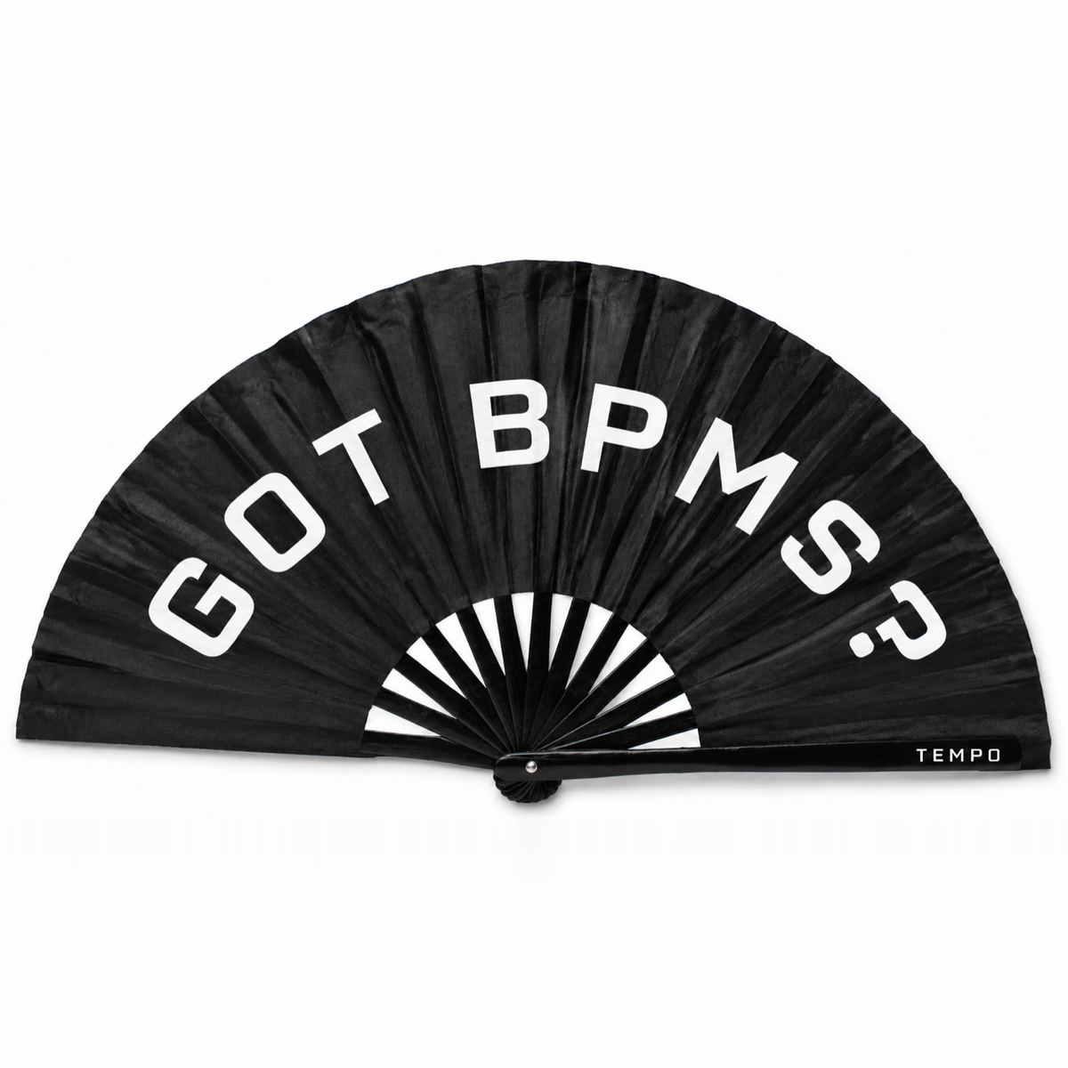 TEMPO GOT BPMS? hand fan, open, white lettering on black with TEMPO on the handle